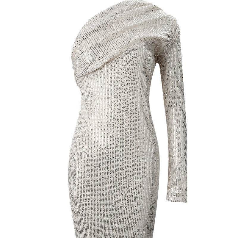 Silver One Shoulder Sequin Formal Dress - Mubimart