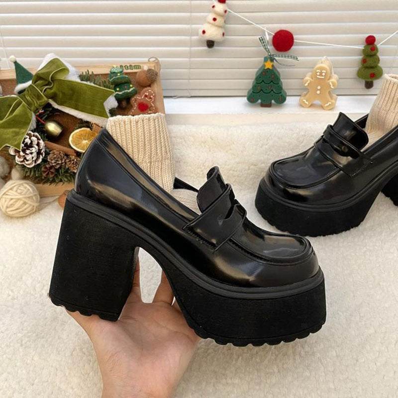 Mary Jane Short Heel High Heels Small Height-increasing British Platform Loafers Leather Shoes For Women - Mubimart