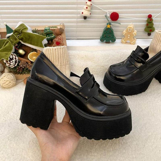 Mary Jane Short Heel High Heels Small Height-increasing British Platform Loafers Leather Shoes For Women - Mubimart