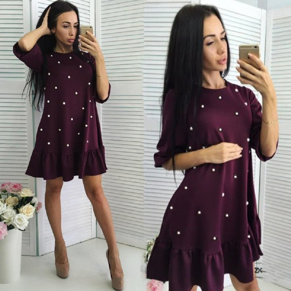 Stylish Autumn Style Women Casual Sleeve Half O-neck Beaded Ruffle Dress Chasuble Autumn Mini Dresses Straight Plus Size - Mubimart -  