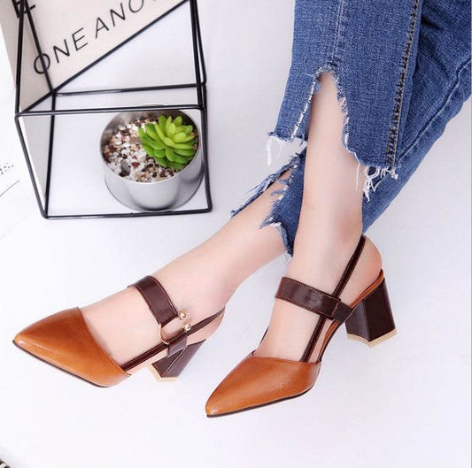 new hollow coarse sandals high-heeled shallow mouth pointed baotou shoes work shoes women Female sexy high heels B1284 - Mubimart