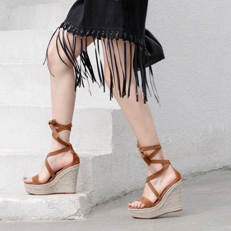 Roman platform platform espadrille high-heeled sandals - Mubimart