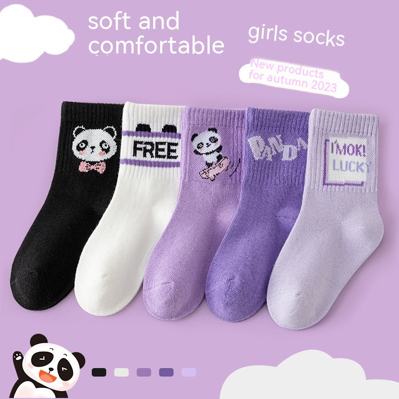 Autumn And Winter Purple Panda Cartoon Mid Tube Cotton Boys And Girls Athletic Socks - Mubimart -  