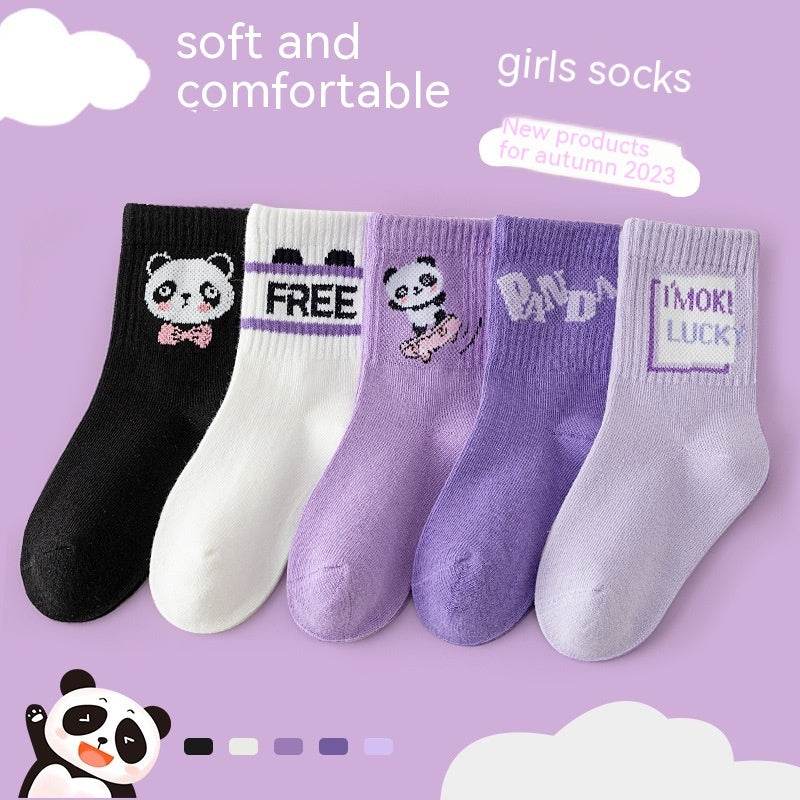 Autumn And Winter Purple Panda Cartoon Mid Tube Cotton Boys And Girls Athletic Socks - Mubimart