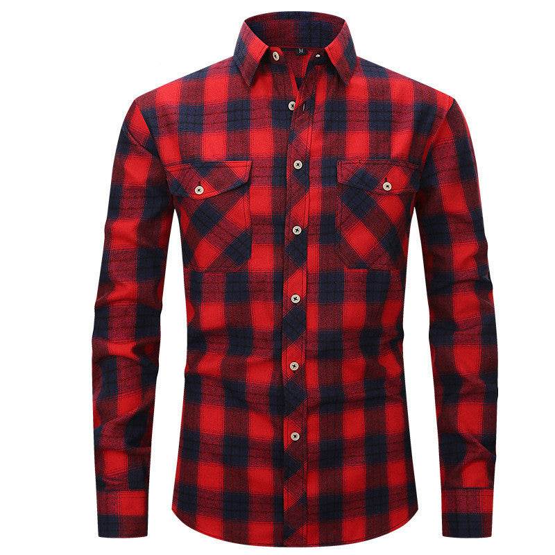 Men's Long Sleeve Double Pocket Flannel Shirt With Brushed Plaid - Mubimart