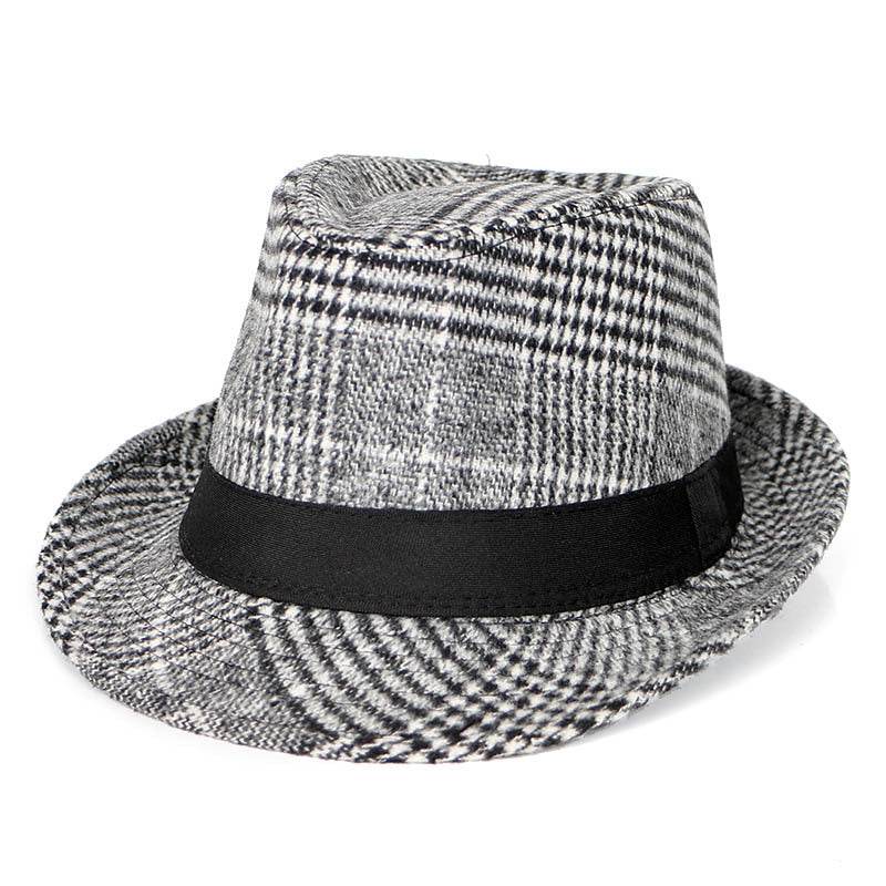 Autumn And Winter New Woolen Cloth Men's Top Hat Men's British Retro Fashion Plaid Fedora Hat - Mubimart