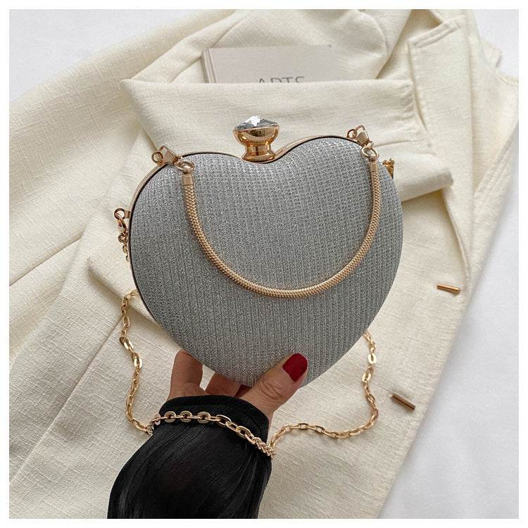 Evening Clutch Bag Women Bag Shiny Handbag Heart Shape Metal Clutches Bag Fashion Chain Shoulder Crossbody Bag Luxury Lady Purse Valentines Day Outfit - Mubimart