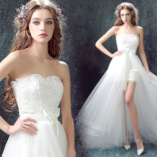 Sexy Detachable Skirt Mermaid Tulle Lace Appliques Short Wedding Dress New Wedding Dresses - Mubimart