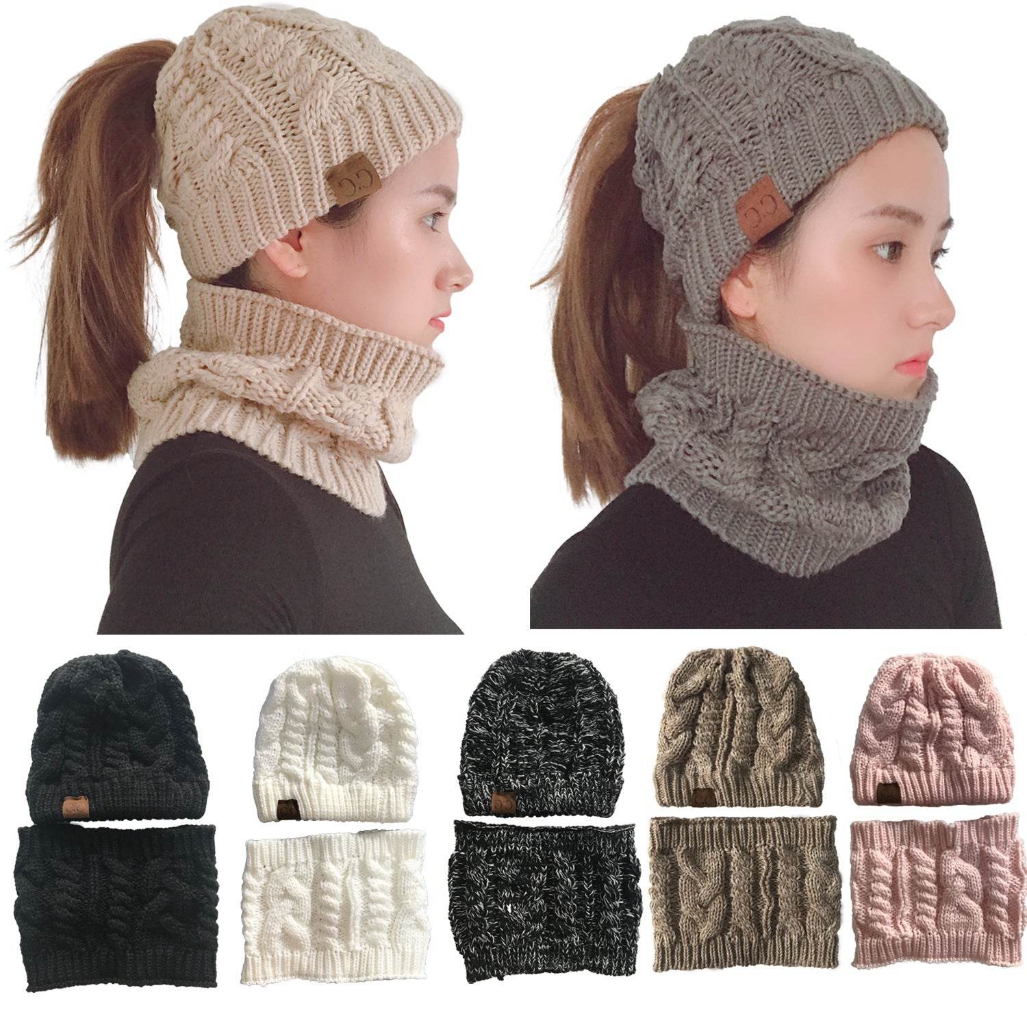 Autumn Winter Women's Hat Caps Knitted Warm ring Scarf Windproof Balaclava Multi Functional CC ponytail Hats Scarf Set For Women - Mubimart