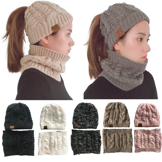 Autumn Winter Women's Hat Caps Knitted Warm ring Scarf Windproof Balaclava Multi Functional CC ponytail Hats Scarf Set For Women - Mubimart