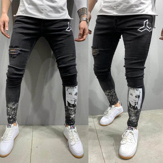 Men's Ripped Stretch Stiletto Jeans Black Jeans - Mubimart
