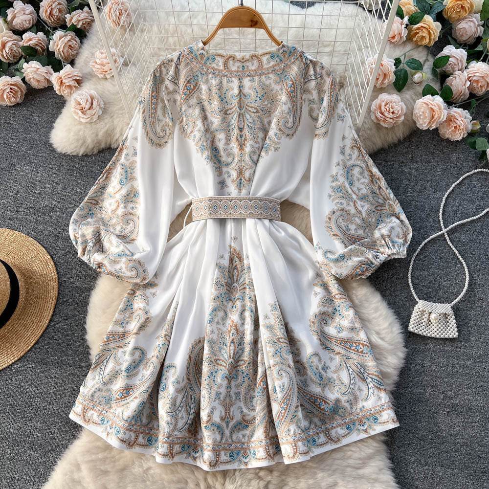 Printed Lantern Sleeve Midi Dress - Mubimart