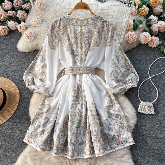 Printed Lantern Sleeve Midi Dress - Mubimart