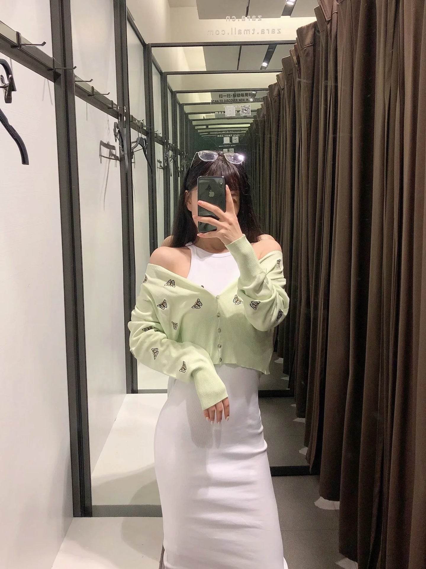 Women Fashion Butterfly Embroidery Cropped Knitted Blouses Vintage - Mubimart