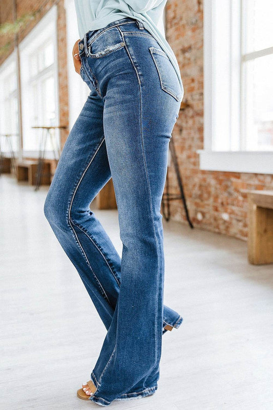 Washed High Waist Jeans Paneled Women's Flare - Mubimart