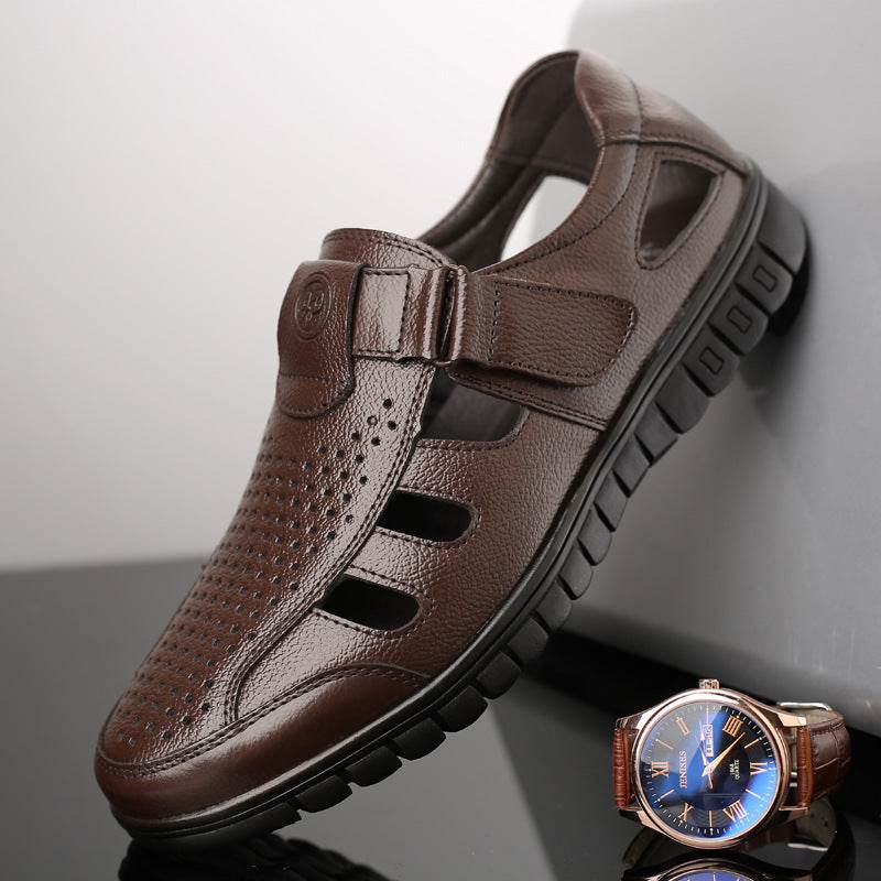 Men's leather hollow breathable sandals - Mubimart