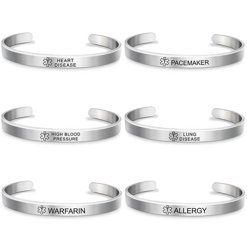 Fashion Silver Plated Medical Alert Cuff Bracelet EPILEPSY Diabetic Allergy Stainless Steel Bangle For Women Men - Mubimart