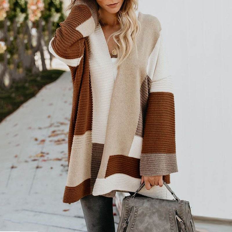 Women's Plus Size Oversized Geometric Colorblock Sweater Cardigan - Mubimart