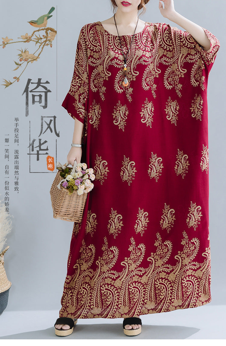 Spring Ethnic Style Plus Size Women's Cotton Silk Robe Loose Dress - Mubimart -  