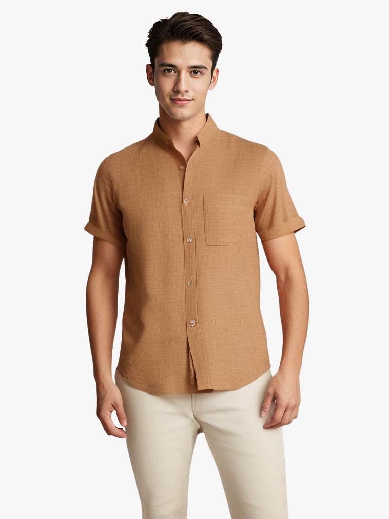 Solid-color Short-sleeved Lapel Shirt Summer Breathable Cotton And Linen Top Mens Clothing - Mubimart