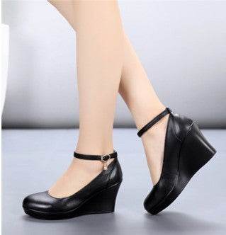Fashion Ankle Strap High Wedges Platform Pumps For Women Casual Genuine Leather Black Work Shoes High Heels - Mubimart
