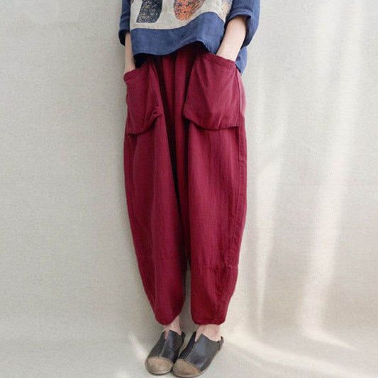 Women Autumn Elastic Waist Solid Pockets Harem Pants Cotton Linen Loose Long Capris Pantalon Trousers Plus Size - Mubimart