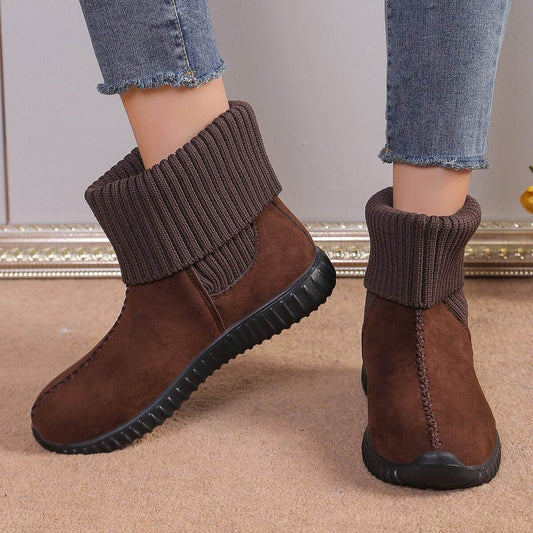 Flat Ankle Boots With Reversible Knitted Design Winter Fashion Comfortable Snow Boot For Women Shoes - Mubimart