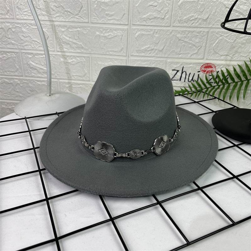 Hat Silver Square Chain Top Hat Wide Brim Flat Edge Woolen Fedora Hat - Mubimart