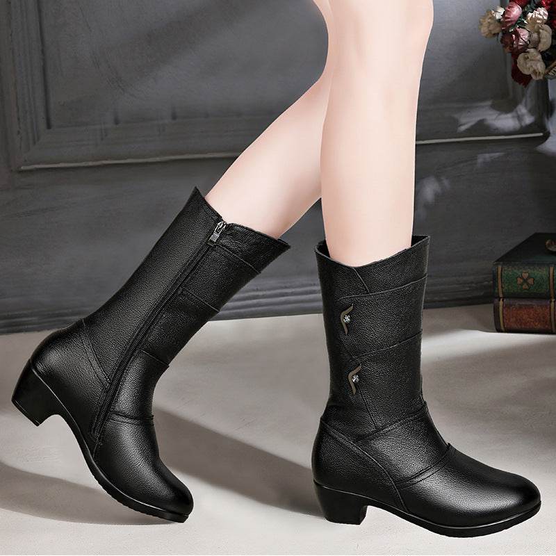Boots tall thin and thin plus fleece thick heel rider boots - Mubimart
