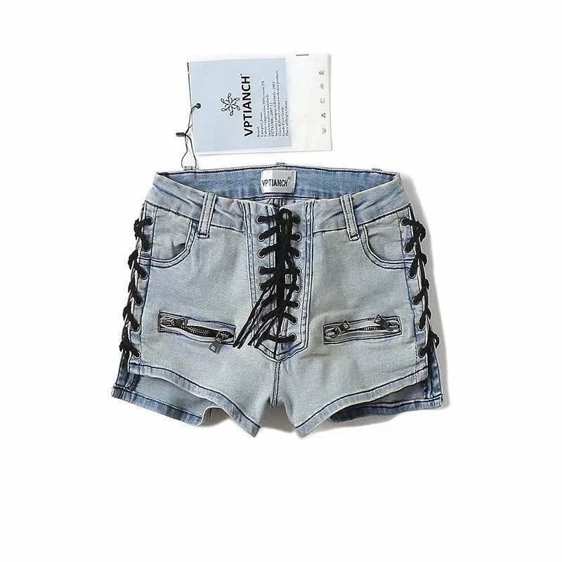 Heavy Industry Lace-Up Denim Shorts Women European And American Trend Women's Pants - Mubimart