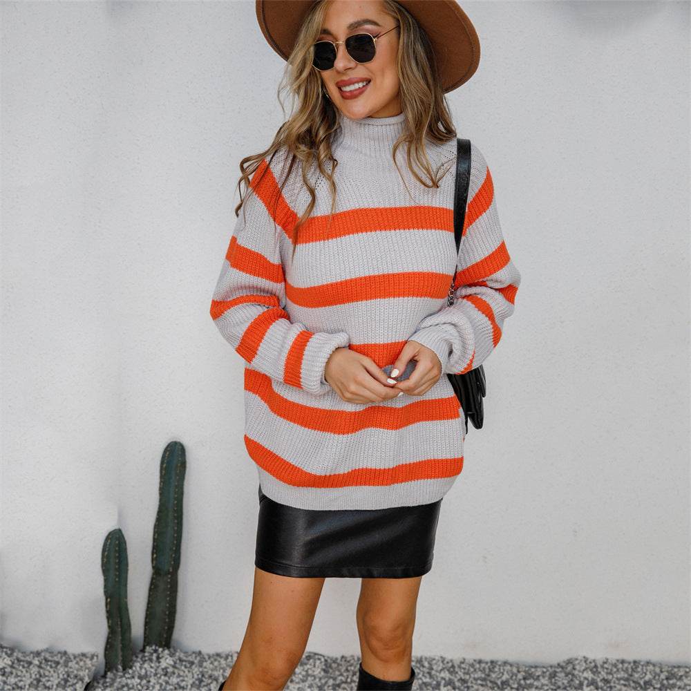 Women's Stitched Striped Turtleneck Black Pullover Plus Size Sweater - Mubimart