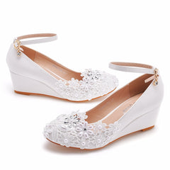 Round Toe Wedge Pumps Bridal Wedding White Shoes