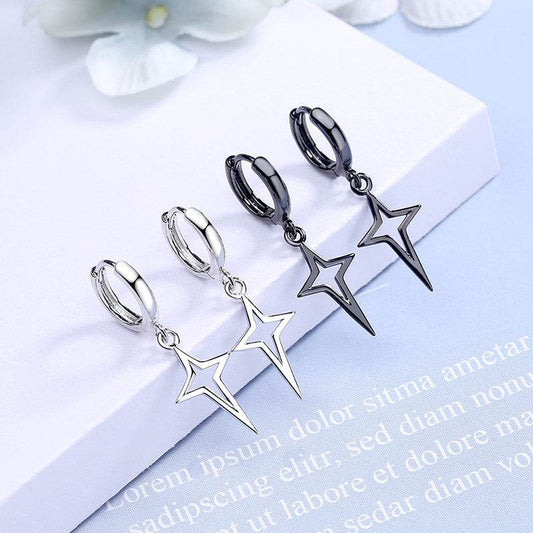 Hip Hip Men Earrings Jewelry Punk Silver Black Hollow Star Cross Pendant Small Hoop Stud Earrings For Women - Mubimart
