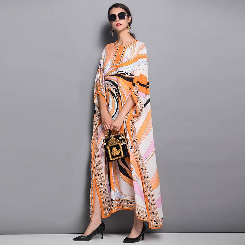 Plus Size Women's New Printed Long Skirt Loose Robe - Mubimart