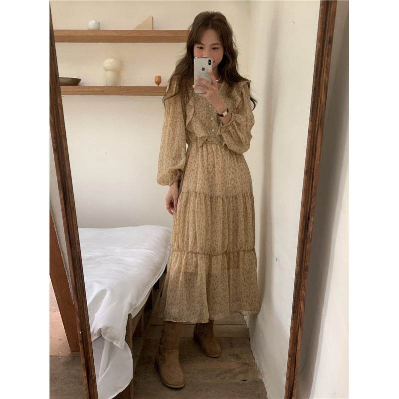 Retro Elegance Chiffon Midi Dress - Mubimart