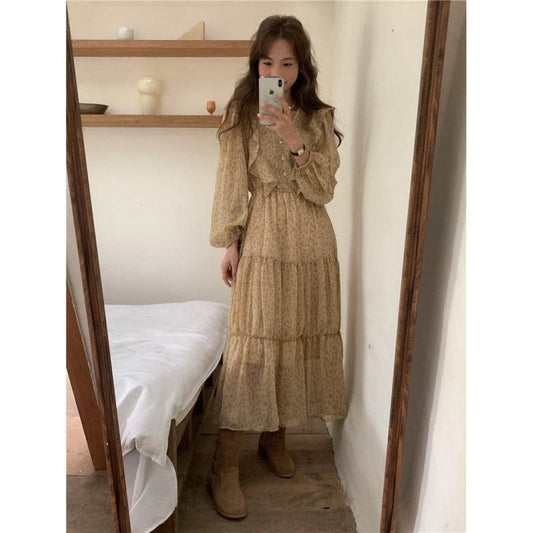 Retro Elegance Chiffon Midi Dress - Mubimart