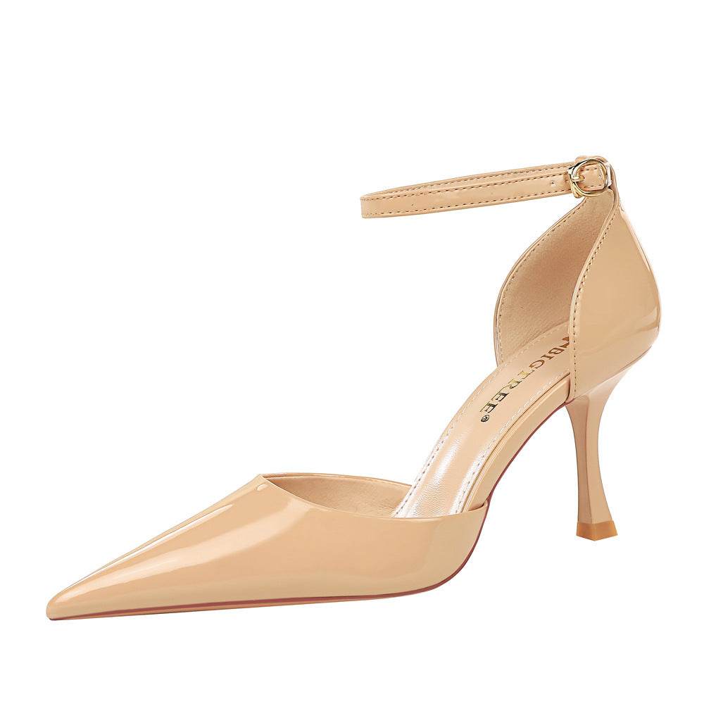 European And American Style Simple Wine Cup Heel Ultra High Heel Shallow Mouth Pointed Patent Leather Sexy Sping Sandal Strap Sandals - Mubimart
