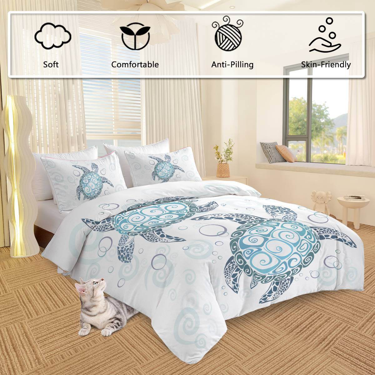 Turtle Bed Sets Ocean 3 Piece Turtle Themed Comforter Cover With 2 Pillowcases - Mubimart