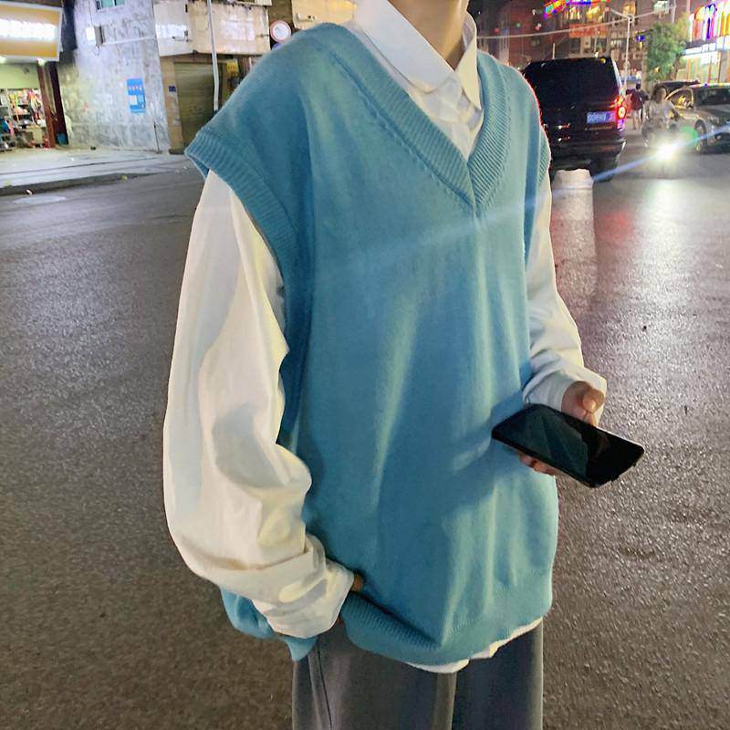 Men's V-neck Sweater Plus Size Vest Knitted Autumn And Winter College Style Waistcoat Vest Coat - Mubimart