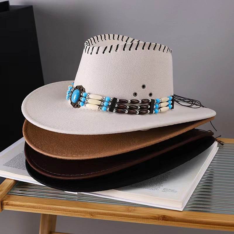 Western Cowboy Hat Men's And Women's Gem Chain Fedora Hat - Mubimart
