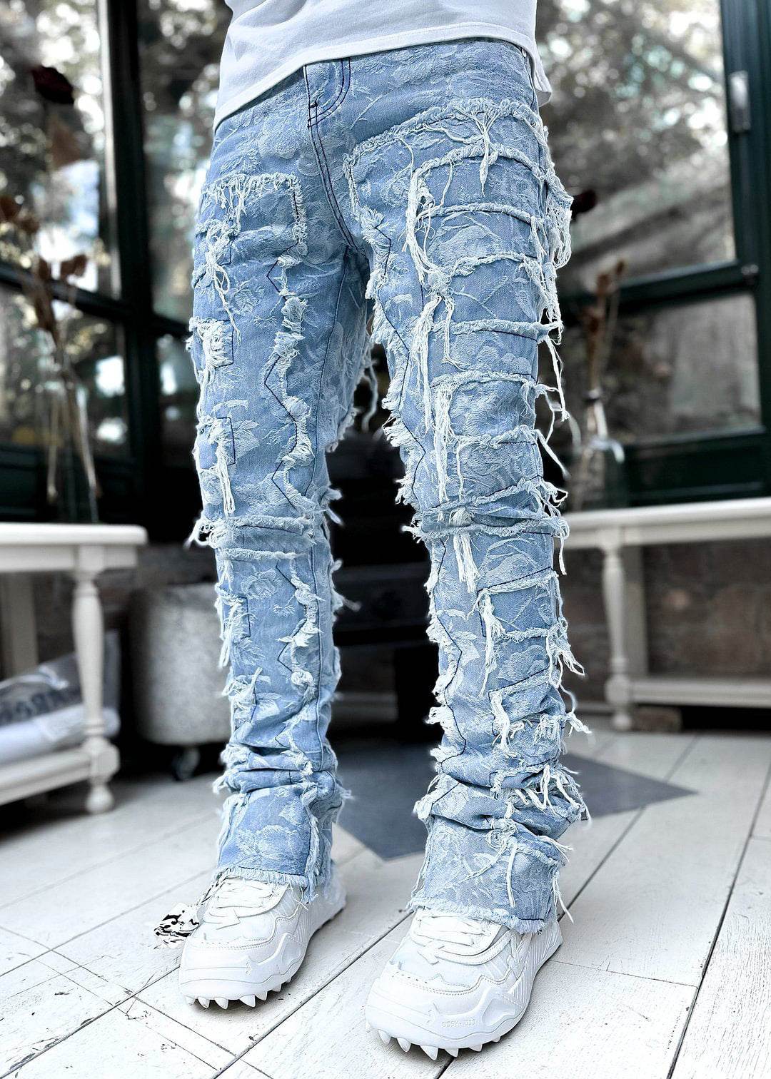 Men Trousers Individual Patched Pants Long Tight Fit Stacked Jeans For Mens Clothing - Mubimart