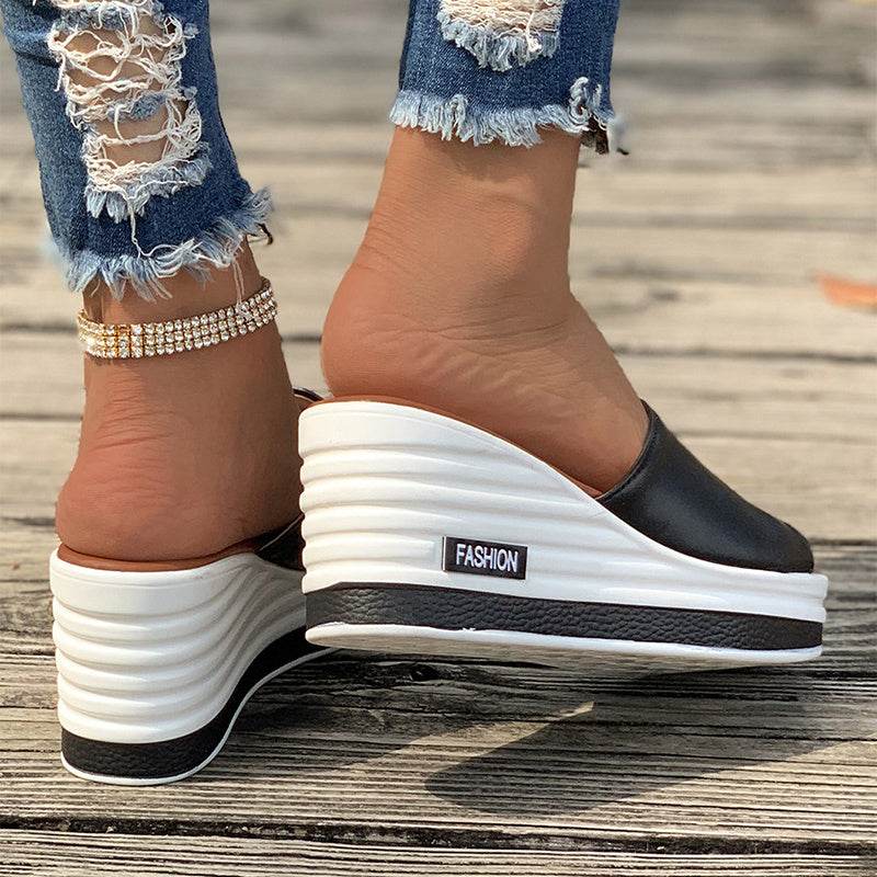 Fish Mouth Wedges Sandals Summer Fashion Hollow Design High Heels Slides Slippers Casual Beach Shoes For Women - Mubimart