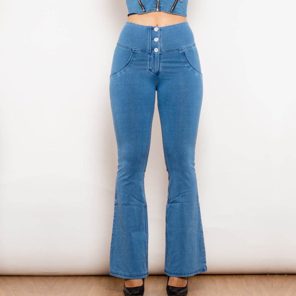 Shascullfites Melody Light Blue Flared Lift Jeggings Button Up Jeans Shaping Jeans Women High Waist Flare Jeans - Mubimart
