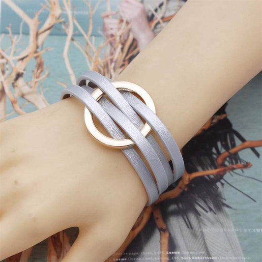 Cross Leather Women Bracelet Metal Big Ring Cuff Bangle Multi-layer Wristband Magnetic Snap Bangle - Mubimart