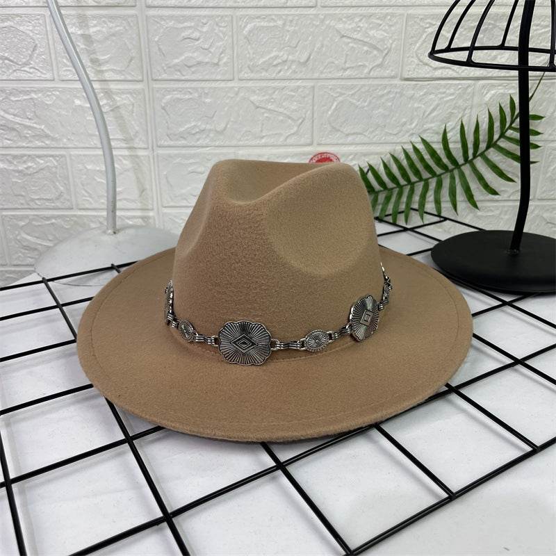 Hat Silver Square Chain Top Hat Wide Brim Flat Edge Woolen Fedora Hat - Mubimart