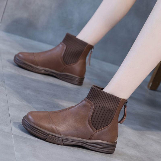 Flat Vintage Elastic Booties All-matching Fleece-lined Ankle Boots - Mubimart