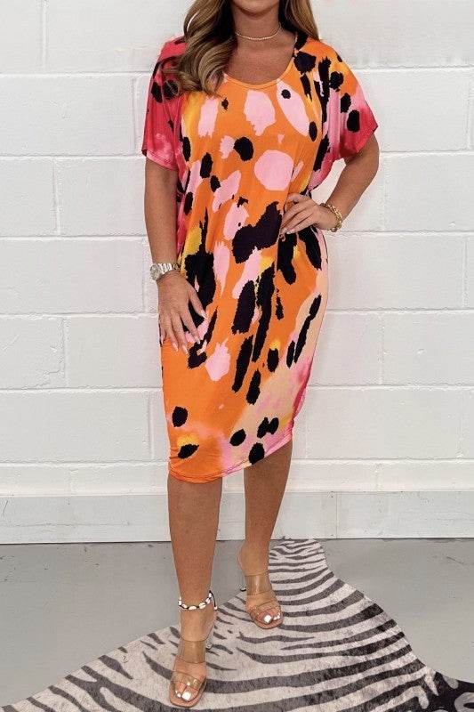 Plus Size Women's Printed Casual Short Sleeve Dress - Mubimart