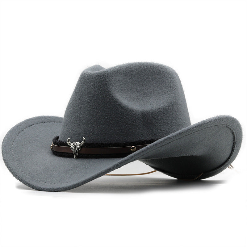 Fedora-Hut aus Wolle mit Metall-Bullenkopf-Label im Western-Stil aus Denim