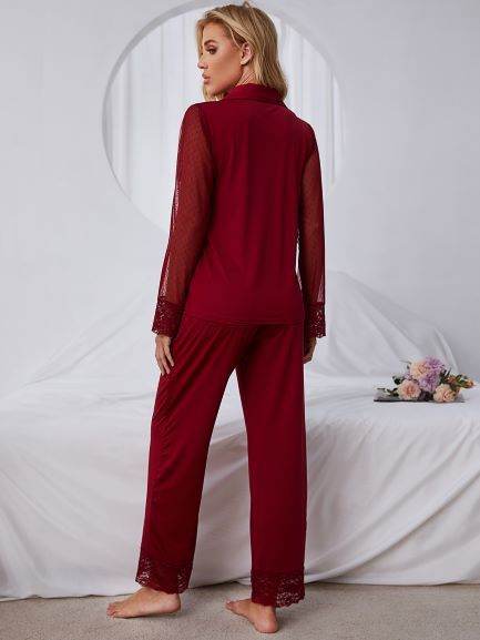 Women's Solid Color Net Gauze Long-sleeved Top And Trousers Pajama Set - Mubimart