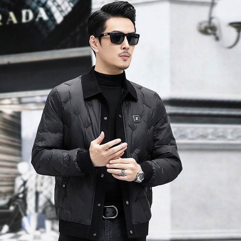 Down Jacket Men's Stand Collar Knitted Sleeve Casual Duck Down Coat - Mubimart